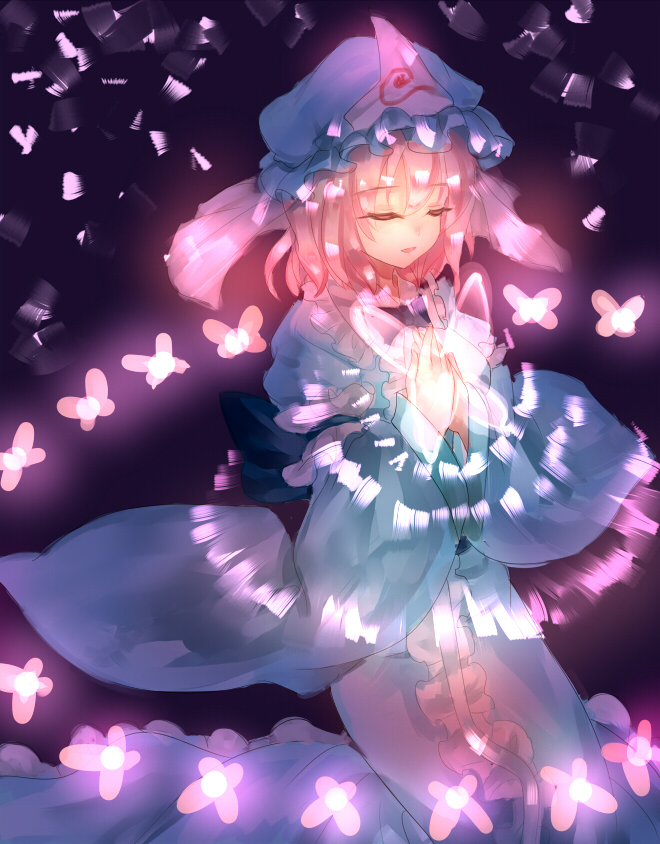 1girl butterfly closed_eyes danmaku energy frilled_kimono frills glowing glowing_butterfly hands_together hat japanese_clothes kimono light long_sleeves mob_cap nagare obi open_mouth pink_hair purple_background saigyouji_yuyuko sash shiny shiny_hair short_hair solo touhou triangular_headpiece veil wide_sleeves