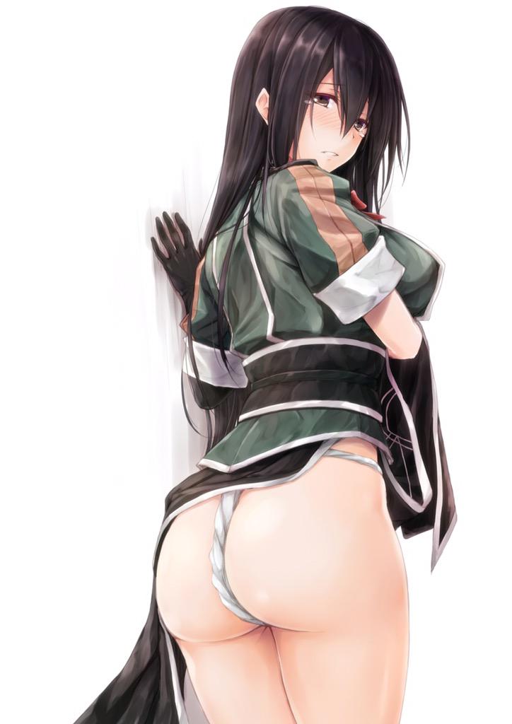 1girl ass black_gloves black_hair blush brown_eyes chikuma_(kantai_collection) commentary_request fundoshi gloves kantai_collection long_hair looking_at_viewer looking_back pelvic_curtain remodel_(kantai_collection) solo suien