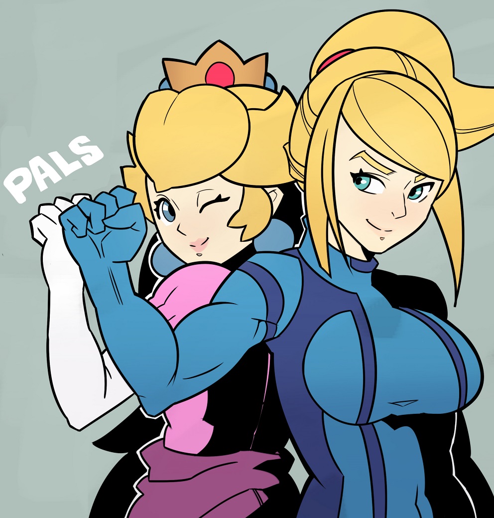 blonde_hair blue_eyes fist_bump friends super_mario_bros. metroid one_eye_closed princess_peach samus_aran splashbrush zero_suit