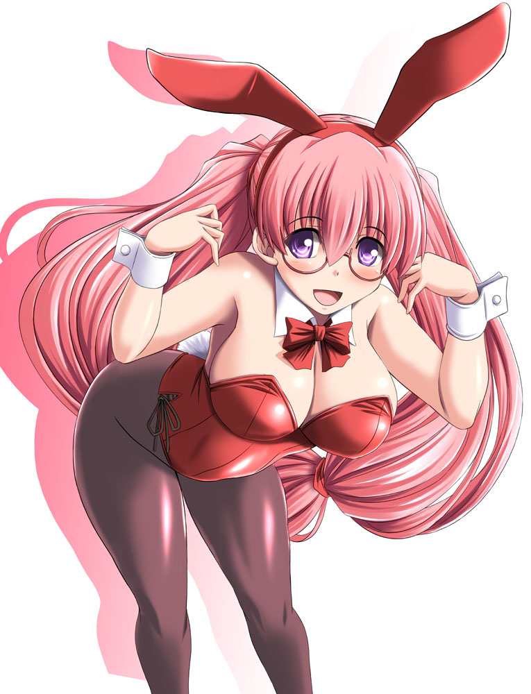 1girl animal_ears bent_over bowtie breasts bunny_tail bunnysuit cleavage detached_collar glasses log-mi_(tonpuu) long_hair original pantyhose pink_hair rabbit_ears tail tonpuu twintails violet_eyes wrist_cuffs