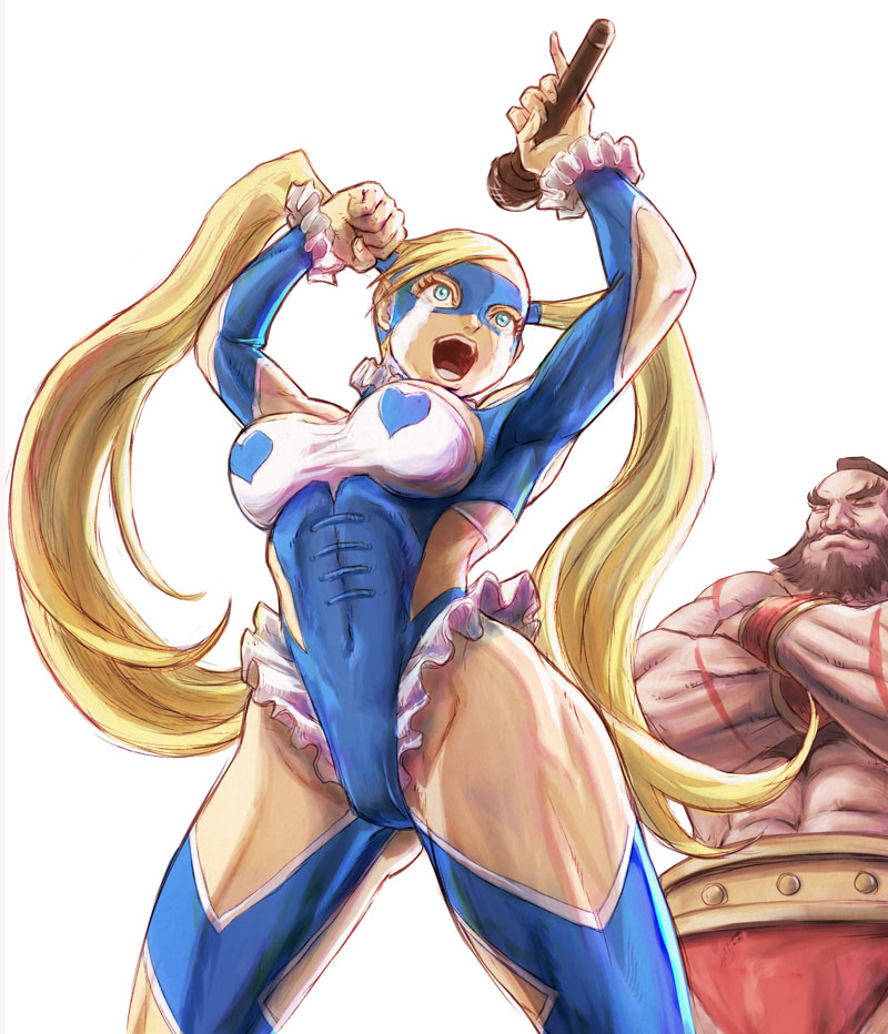 blandly-vorpal blonde_hair blue_eyes breasts crying long_hair mask microphone rainbow_mika street_fighter street_fighter_zero twintails wrestling_outfit zangief