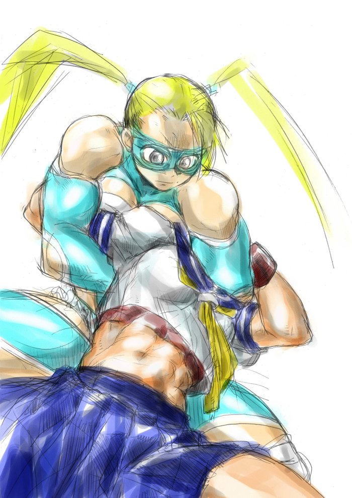 2girls abs blonde_hair blue_eyes breasts cleavage cleavage_cutout hey_(bluebell) kasugano_sakura leotard midriff multiple_girls muscle neck_hold rainbow_mika school_uniform serafuku skirt street_fighter street_fighter_zero street_fighter_zero_3 twintails wrestling wrestling_mask wrestling_outfit