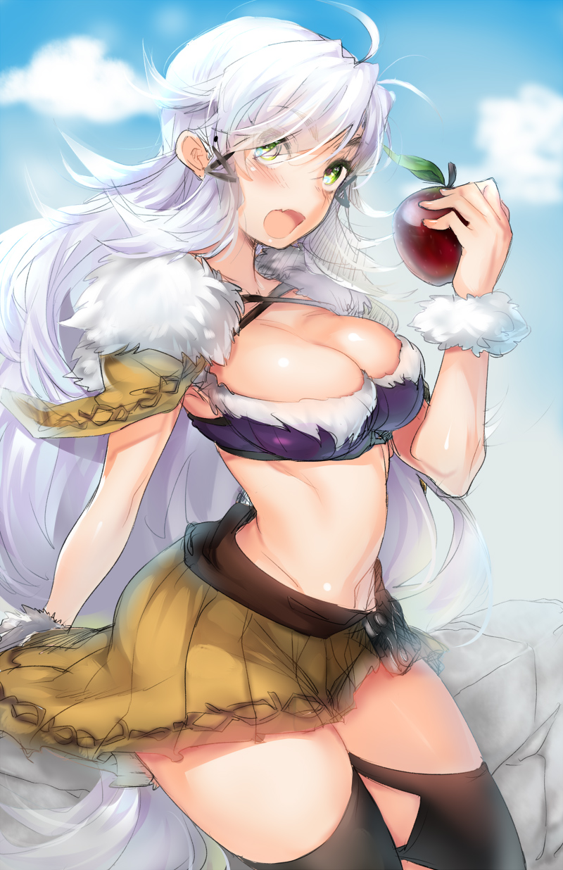 1girl ahoge apple black_legwear blush breasts cleavage fang final_fantasy final_fantasy_crystal_chronicles food fruit fur_trim green_eyes hair_ribbon highres large_breasts long_hair looking_at_viewer midriff naso4 open_mouth ribbon selkie silver_hair sketch skirt solo thigh-highs