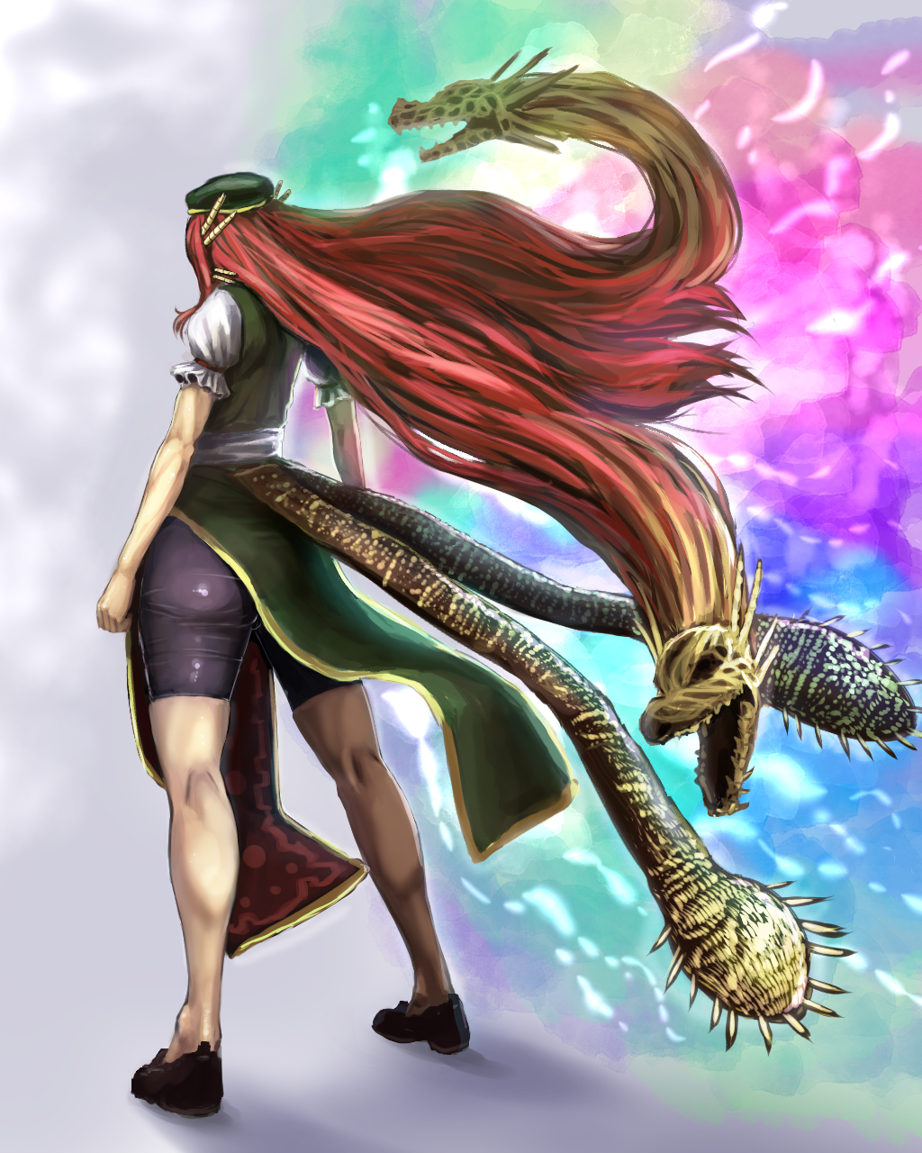 1girl ankles arms ass bangs beret big_hair bike_shorts chinese_clothes clenched_hand colorful dragon dragon_horns dress energy from_behind green_dress grey_background hat highres hong_meiling horns kikimifukuri legs long_hair muscle no_socks redhead sleeveless sleeveless_dress solo standing tagme thighs toned touhou very_long_hair
