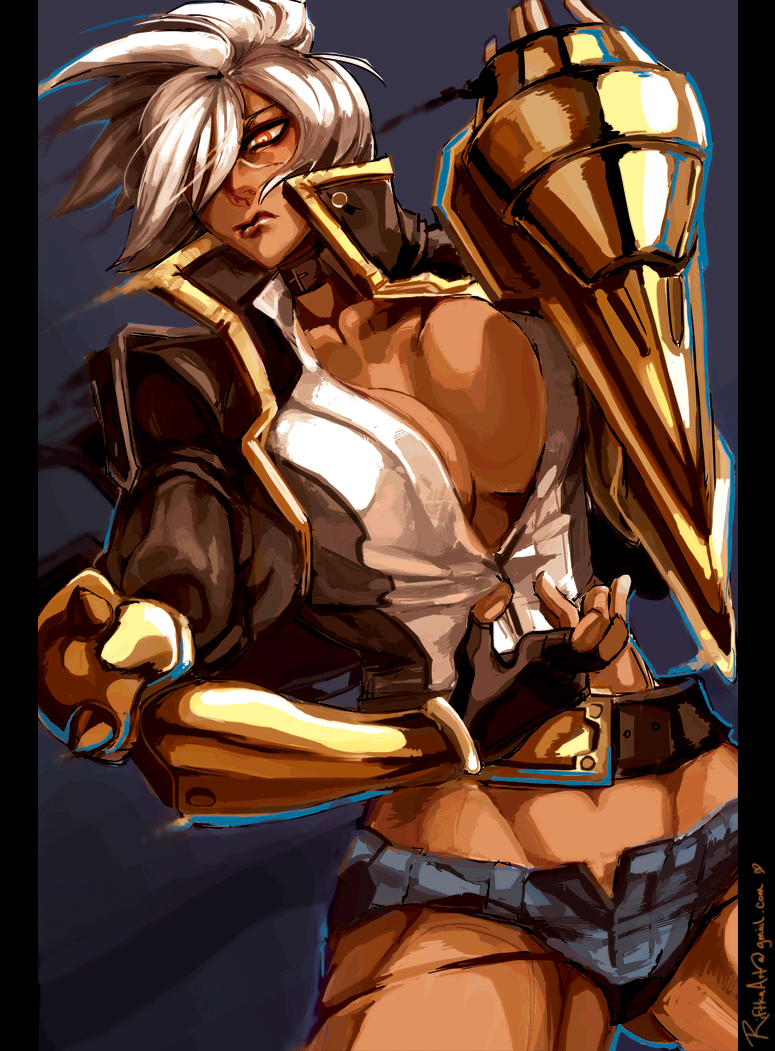 1girl blazblue blazblue:_chronophantasma breasts bullet_(blazblue) dark_skin denim denim_shorts fingerless_gloves gloves hair_over_one_eye high_collar large_breasts midriff no_bra riftka scar short_hair short_shorts shorts silver_hair single_gauntlet solo vambraces yellow_eyes