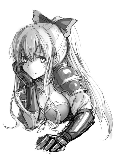 1girl bow breasts cleavage gauntlets granblue_fantasy greyscale hair_bow long_hair mintes monochrome ponytail shoulder_pads simple_background solo upper_body vila white_background