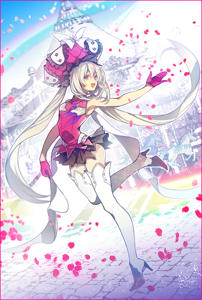 1girl :d boots fate/grand_order fate_(series) gloves hat long_hair marie_antoinette_(fate/grand_order) midou_(midooooooooh) open_mouth petals silver_hair sleeveless smile solo thigh-highs thigh_boots violet_eyes zettai_ryouiki
