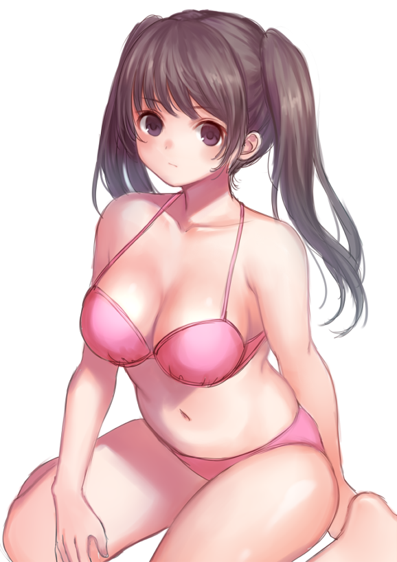 1girl bra breasts large_breasts navel nishizawa original panties plump sitting solo twintails underwear wariza