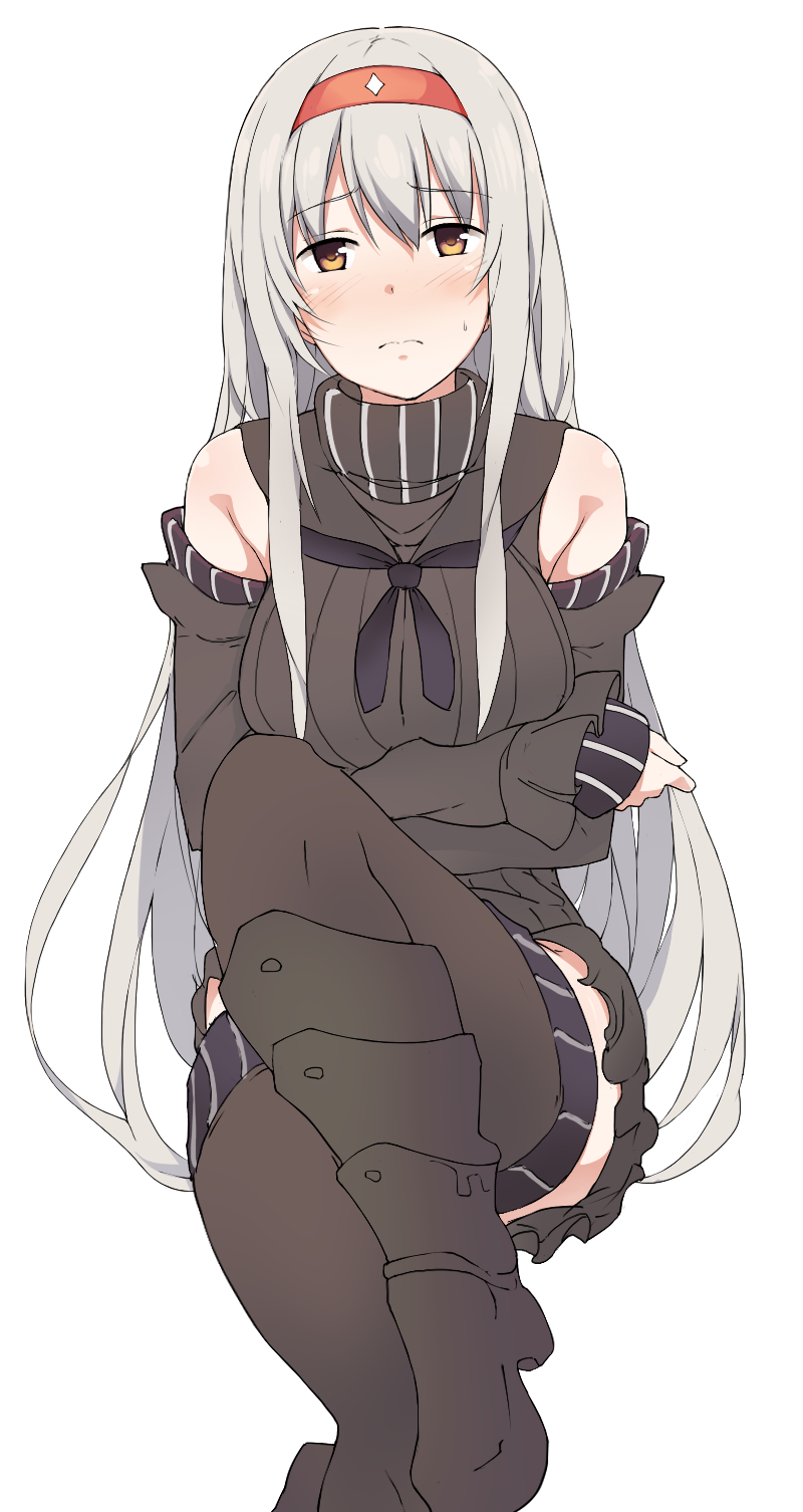 1girl aircraft_carrier_water_oni aircraft_carrier_water_oni_(cosplay) blush boots detached_sleeves hairband highres kantai_collection long_hair shoukaku_(kantai_collection) skirt solo suisen_toire_(moko924) thigh-highs thigh_boots white_hair yellow_eyes