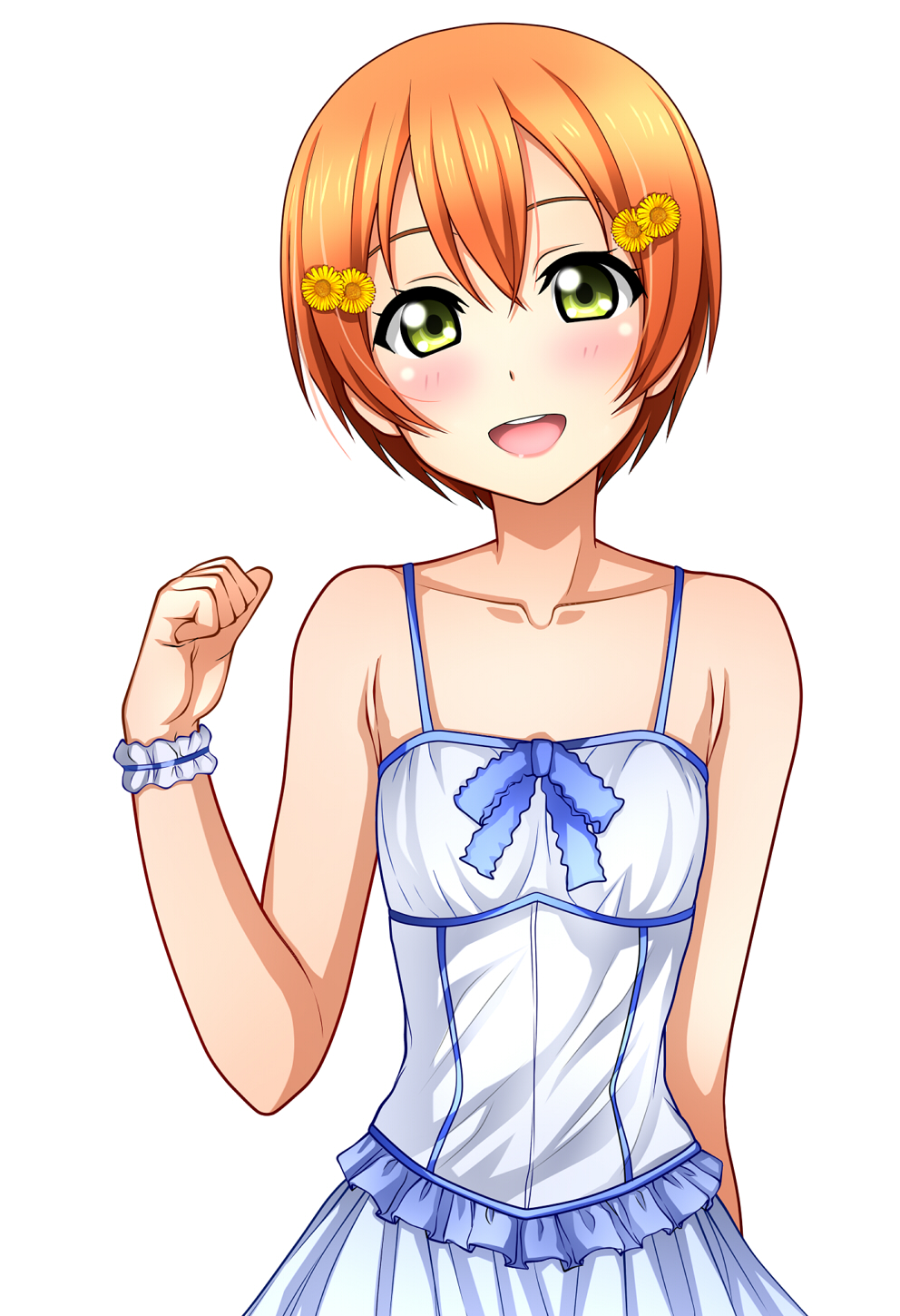 1girl bare_shoulders dress hair_ornament highres hoshizora_rin kenken looking_at_viewer love_live!_school_idol_project open_mouth orange_hair short_hair simple_background smile solo sunflower_hair_ornament yellow_eyes