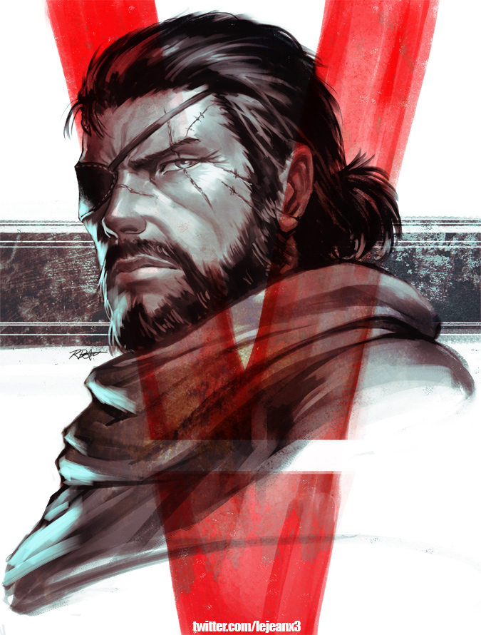 1boy 5 big_boss close-up closed_mouth eyepatch face facial_hair facial_scar male_focus metal_gear_(series) metal_gear_solid metal_gear_solid_v number rejean_dubois roman_numerals scar scarf signature twitter_username