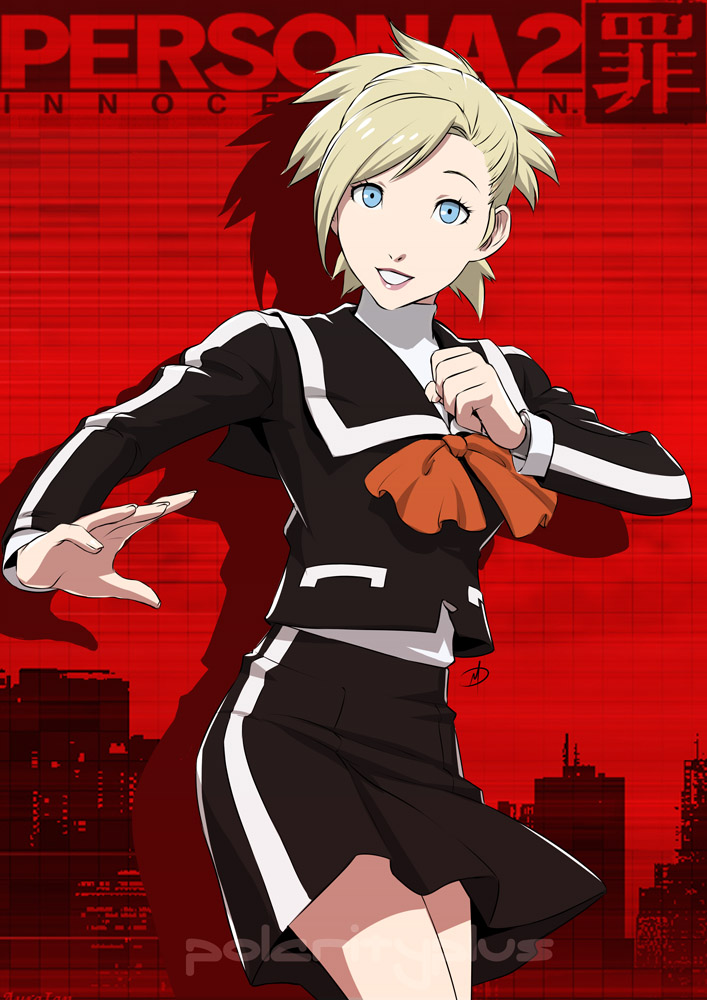 1girl blonde_hair blue_eyes copyright_name cowboy_shot daniel_macgregor fighting_stance lips lisa_silverman persona persona_2 school_uniform serafuku short_hair skirt smile solo vertical_stripes