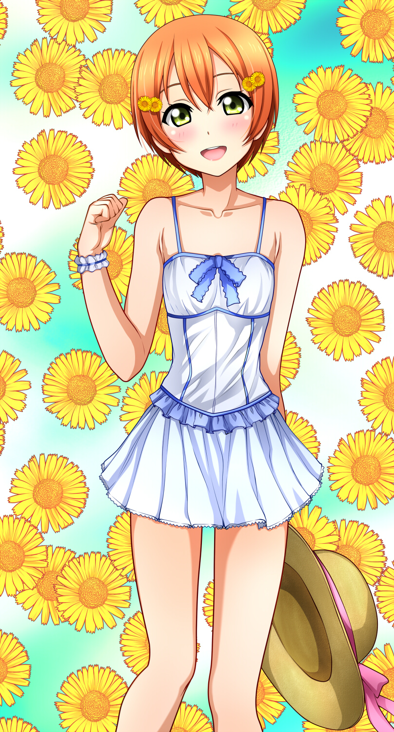 1girl bare_shoulders dress hair_ornament hat hat_removed headwear_removed highres hoshizora_rin kenken looking_at_viewer love_live!_school_idol_project open_mouth orange_hair short_hair smile solo sunflower_hair_ornament yellow_eyes