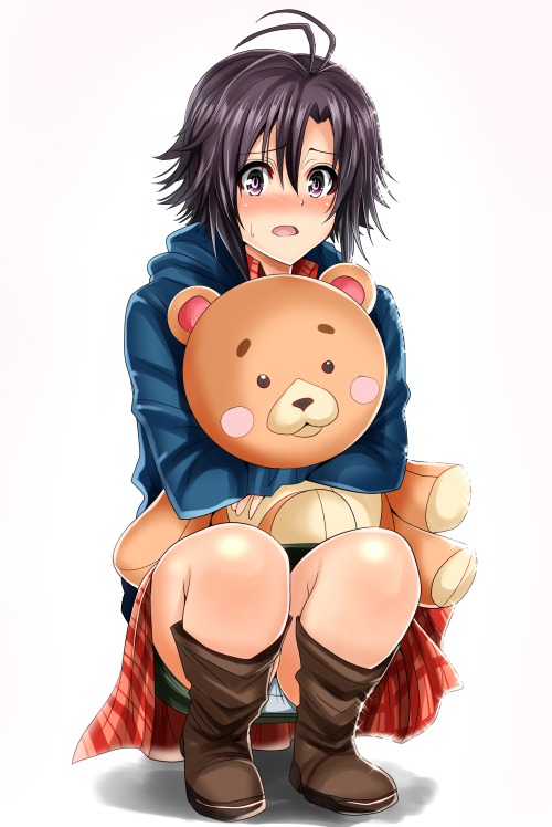 1girl black_hair blush commentary_request doll_hug hoodie idolmaster inu_(marukome) kikuchi_makoto long_sleeves looking_at_viewer open_mouth panties pantyshot pantyshot_(squatting) shirt skirt solo squatting stuffed_animal stuffed_toy teddy_bear underwear upskirt violet_eyes