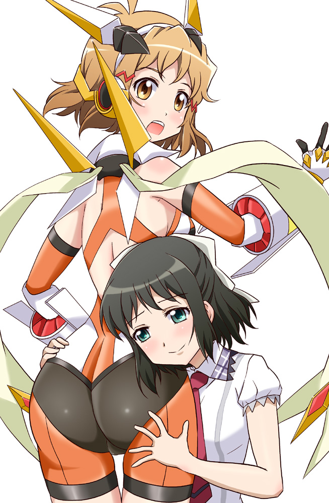 2girls ass ass_grab bare_shoulders bike_shorts black_hair blush bodysuit brown_eyes brown_hair female gloves green_eyes hair_ornament half_updo headgear headphones kairakuen_umenoka kohinata_miku multiple_girls necktie open_mouth ribbon scarf school_uniform senki_zesshou_symphogear short_hair smile tachibana_hibiki_(symphogear) white_background yuri