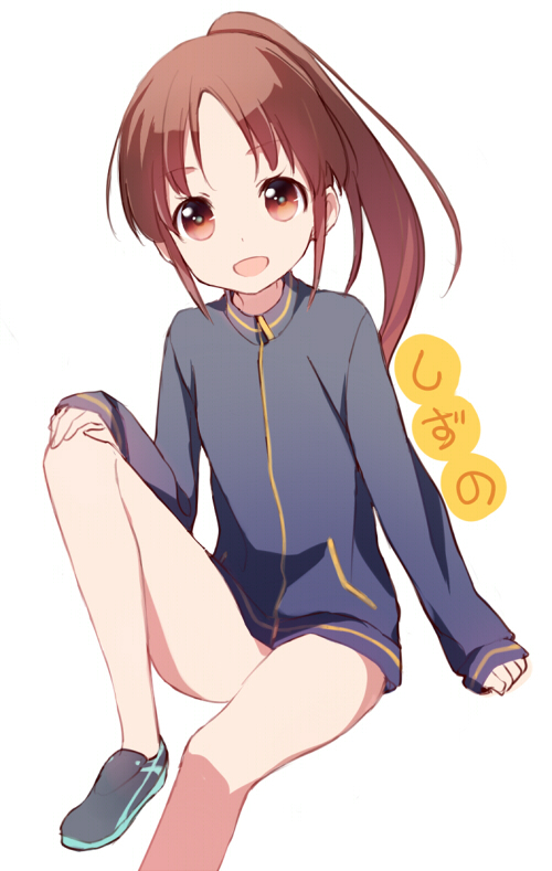 1girl arm_support brown_eyes brown_hair character_name hand_on_own_knee itsumi_(itumiyuo) long_hair looking_at_viewer naked_track_jacket open_mouth ponytail saki saki_achiga-hen shoes sitting smile solo takakamo_shizuno track_jacket white_background
