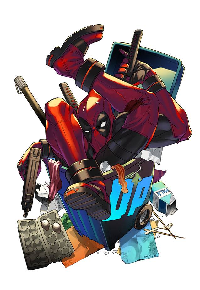 1boy bacon bodysuit deadpool egg egg_carton food fork gun in_container kozaki_yuusuke marvel milk_carton sword trash_can weapon zentai