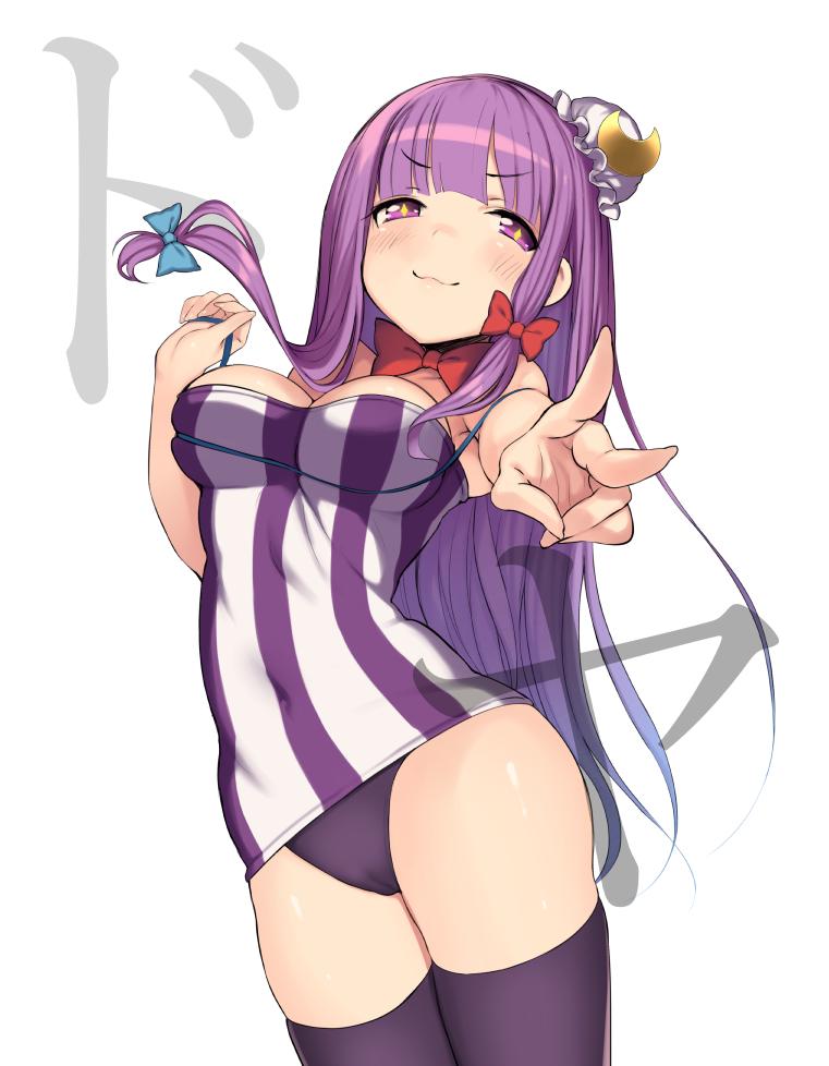 1girl adapted_costume alternate_costume blush bow bowtie bun_cover crescent hair_bow hair_bun hair_ornament jpeg_artifacts long_hair looking_at_viewer outstretched_arm panties patchouli_knowledge pokachu purple_hair purple_legwear rei_no_himo shirt simple_background sleeveless smile solo sparkling_eyes striped text thigh-highs touhou underwear v violet_eyes white_background