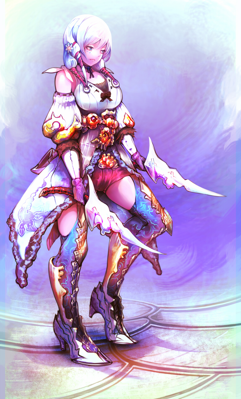1girl armor armored_dress blue_eyes breasts chain_chronicle dagger detached_sleeves dual_wielding fantasy flower gloves hair_flower hair_ornament highres large_breasts low_twintails masayoshi short_hair solo thigh-highs twintails weapon white_hair
