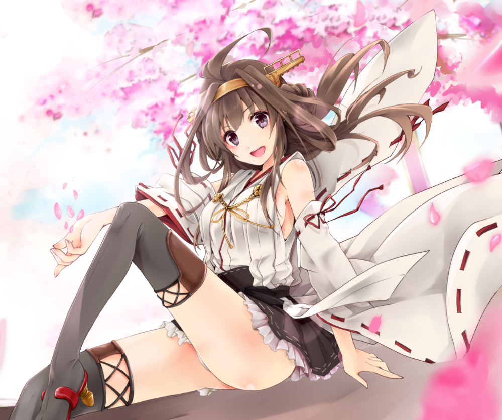 1girl ahoge boots breasts brown_hair cherry_blossoms detached_sleeves double_bun hairband kantai_collection kongou_(kantai_collection) long_hair nontraditional_miko okatsukisei petals remodel_(kantai_collection) sideboob sitting skirt solo thigh-highs thigh_boots thighs violet_eyes