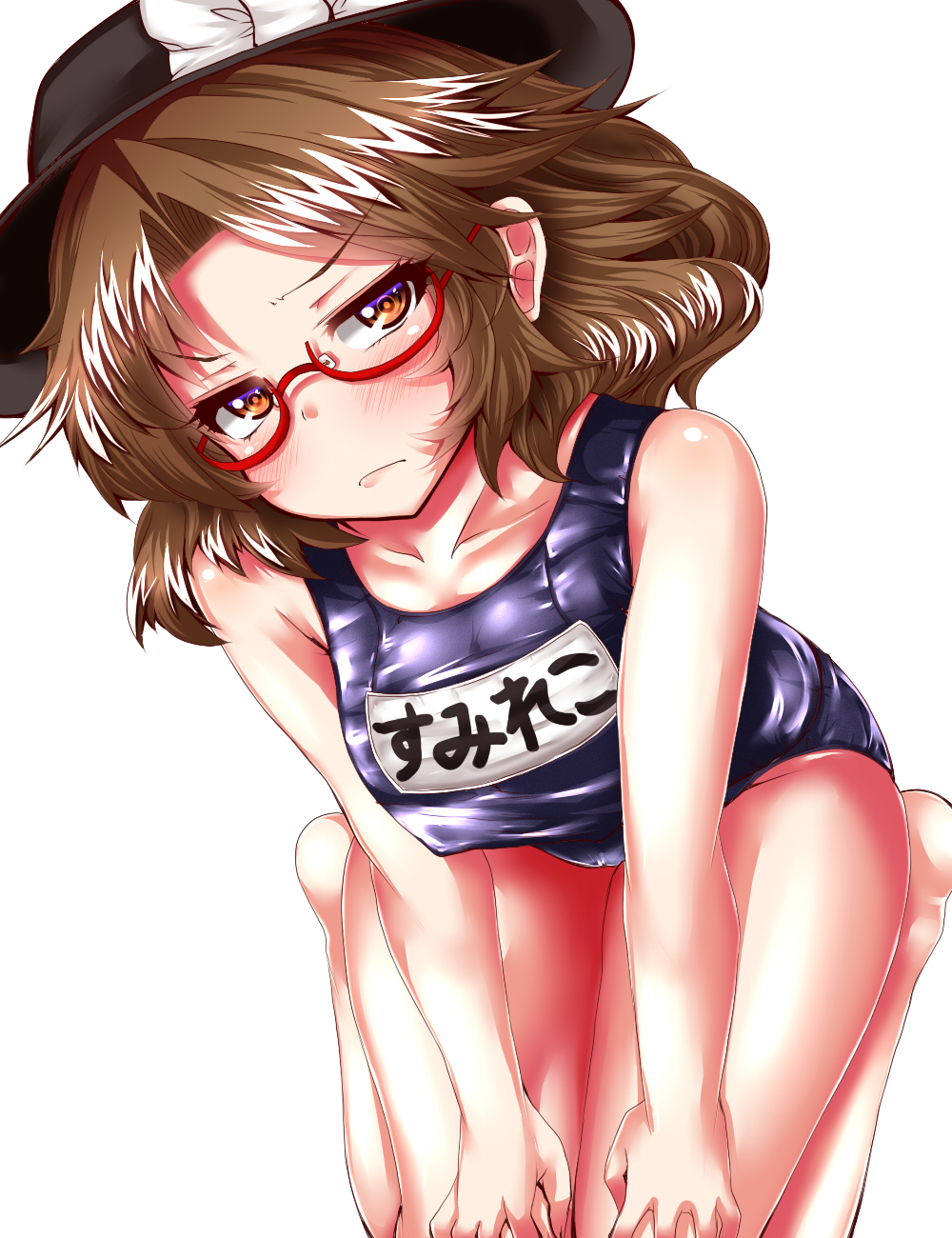 1girl blush bow brown_eyes brown_hair glasses hat hat_bow highres looking_at_viewer red-framed_glasses school_swimsuit seiza sitting solo swimsuit touhou usami_sumireko v_arms zan_(harukahime)