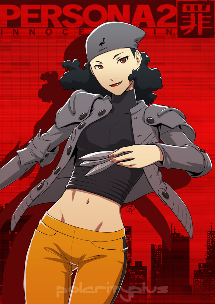 1girl beanie black_hair breasts brown_eyes cowboy_shot crop_top curly_hair daniel_macgregor groin hat jacket knife lipstick makeup mayuzumi_yukino midriff nail_polish navel open_clothes open_jacket pants persona persona_2 shoulder_pads smile solo throwing_knife turtleneck