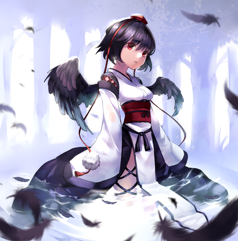 1girl black_hair feathered_wings feathers hat kourindou_tengu_costume long_sleeves looking_at_viewer obi partially_submerged red_eyes revision ribbon_trim sash settyaro shameimaru_aya short_hair solo tokin_hat touhou water wings