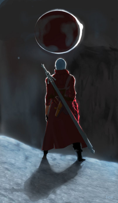 1boy black_gloves coat dante_(devil_may_cry) devil_may_cry eclipse from_behind gloves huge_weapon ice_(ice_factory) long_coat male_focus over_shoulder rebellion_(sword) red_coat short_hair sleeves_pushed_up solo sword sword_over_shoulder weapon weapon_over_shoulder white_hair