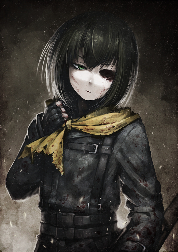 1girl black_hair fingerless_gloves gloves green_eyes hetza_(hellshock) looking_at_viewer missing_eye nagai_gojitsudan_no_nechronica scarf short_hair solo