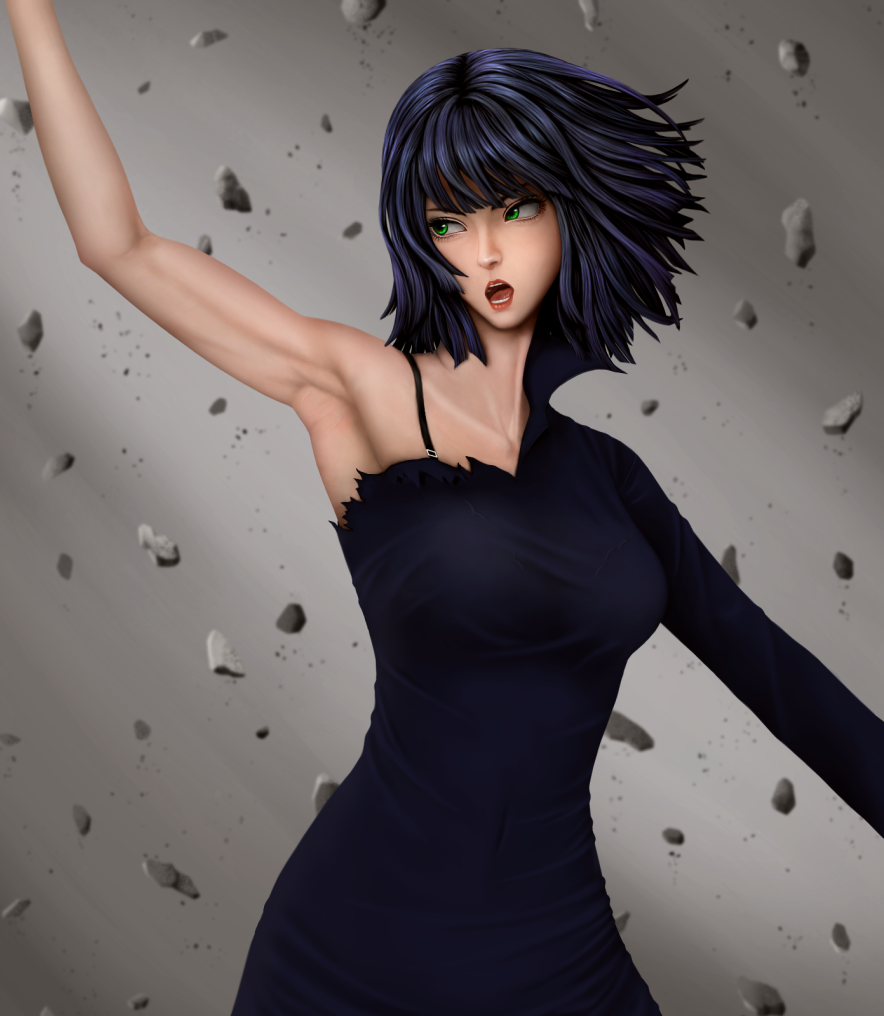 1girl black_dress black_hair dress fubuki_(onepunch_man) green_eyes onepunch_man rock short_hair solo torn_clothes zirazora