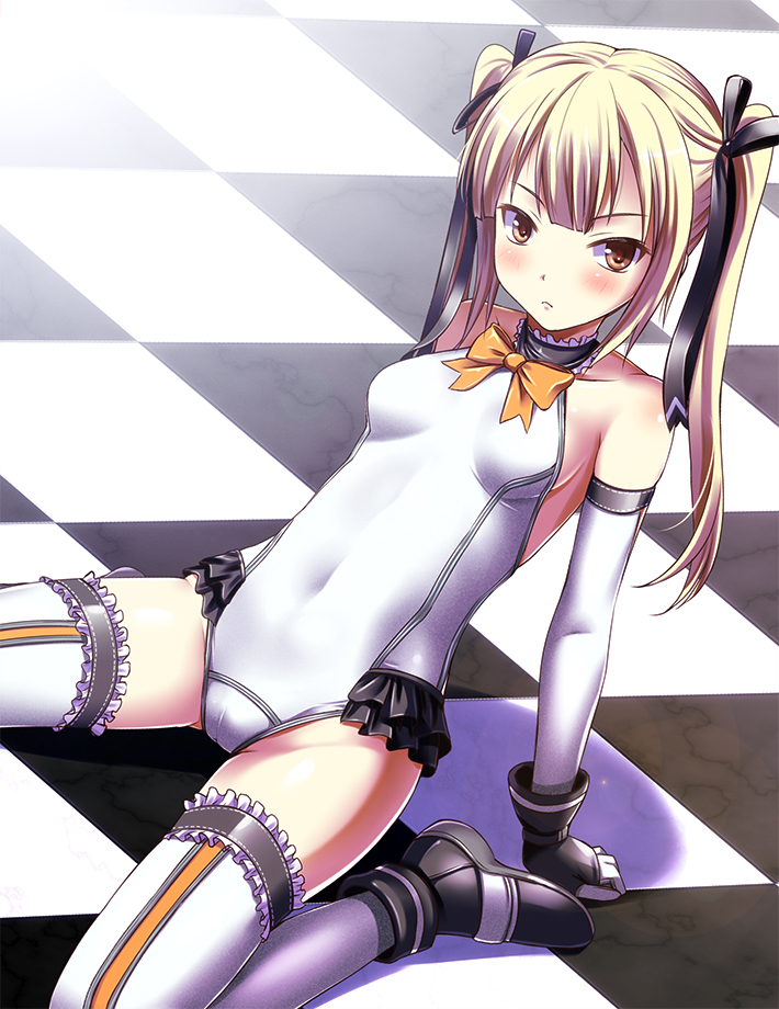 1girl bare_shoulders blonde_hair blush breasts checkered checkered_floor covered_navel dead_or_alive dead_or_alive_5 digdug006 elbow_gloves gloves hair_ribbon long_hair marie_rose ribbon sitting solo twintails wariza white_gloves yellow_eyes