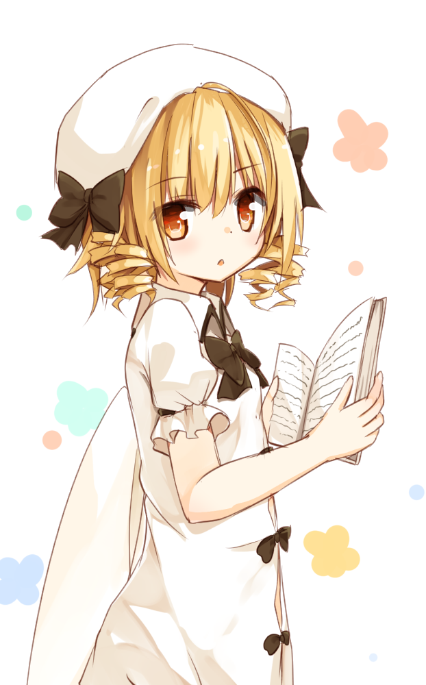 1girl blonde_hair book bow brown_eyes dress drill_hair hat looking_at_viewer luna_child puffy_short_sleeves puffy_sleeves short_sleeves solo touhou white_dress yuuhagi_(amaretto-no-natsu)