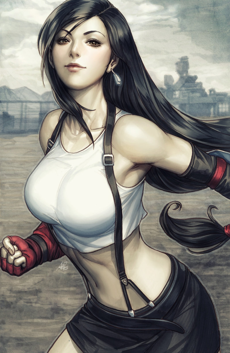 1girl black_hair black_skirt breasts clenched_hand closed_mouth crop_top earrings final_fantasy final_fantasy_vii fingerless_gloves highres long_hair low-tied_long_hair midriff miniskirt red_gloves skirt sleeveless solo stanley_lau suspender_skirt suspenders tank_top tifa_lockhart white_tank_top