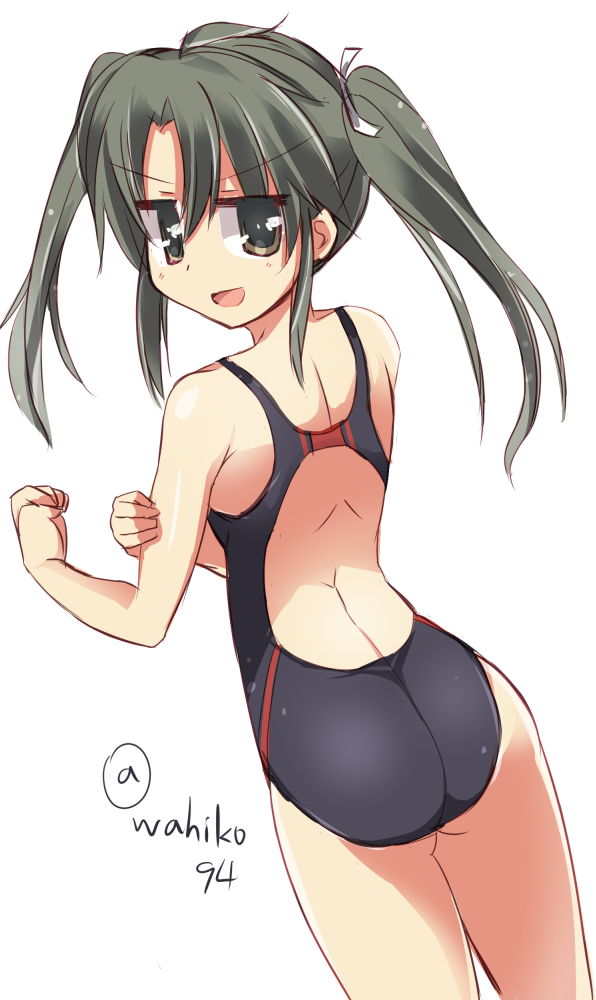 1girl ass brown_eyes competition_swimsuit from_behind grey_hair kantai_collection long_hair one-piece_swimsuit swimsuit testman twintails zuikaku_(kantai_collection)