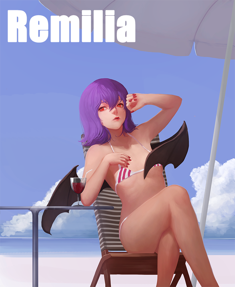 1girl bikini character_name clouds crossed_legs cup fangs lipstick makeup nail_polish purple_hair red_eyes remilia_scarlet short_hair slit_pupils solo striped striped_bikini striped_swimsuit swimsuit touhou wen90092 wine_glass