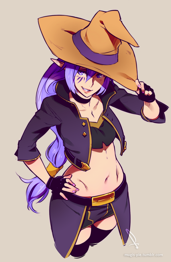 1girl feguimel fingerless_gloves gloves hand_on_hip hat long_hair navel original pointy_ears purple_hair solo standing thigh-highs violet_eyes witch_hat