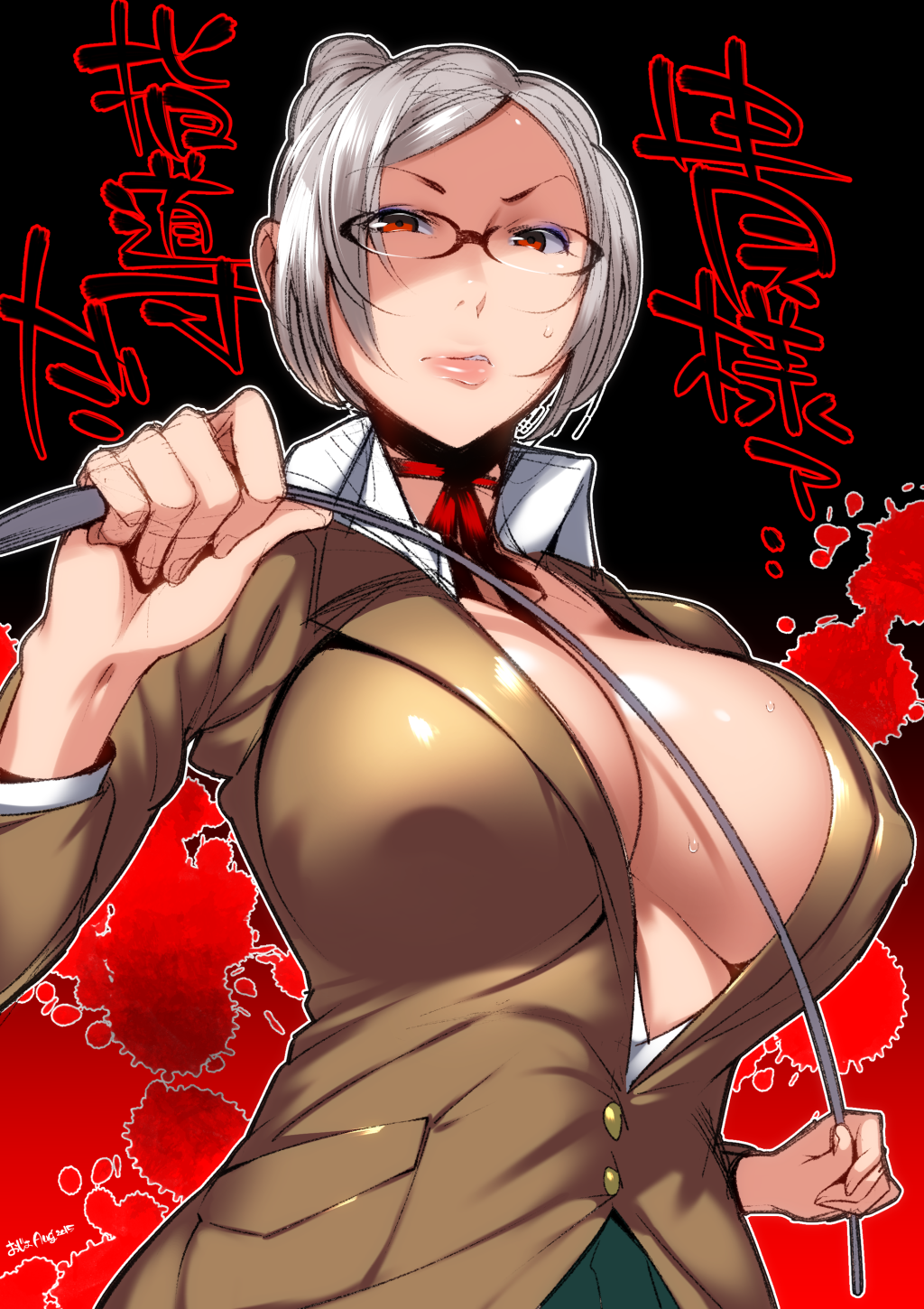 1girl angry breasts center_opening choker cleavage dfreak glasses highres large_breasts lips looking_at_viewer pointer prison_school red_eyes ribbon_choker school_uniform shiraki_meiko short_hair silver_hair solo sweat whip