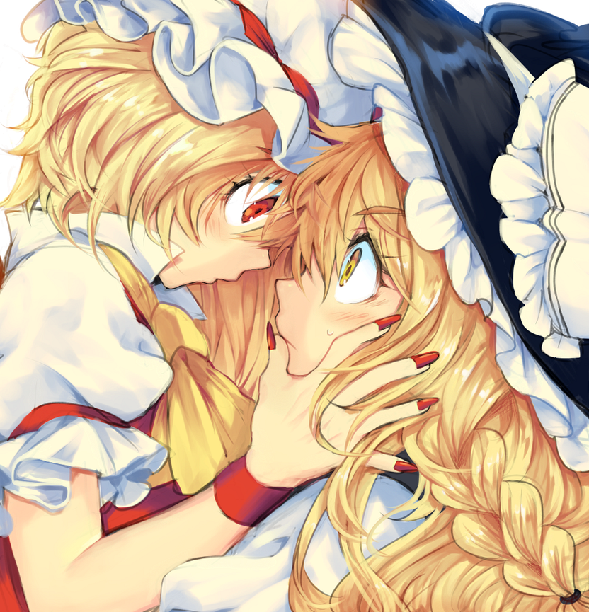 2girls blonde_hair commentary_request eye_contact flandre_scarlet hand_on_another's_cheek hand_on_another's_face hat iroyopon kirisame_marisa looking_at_another mob_cap multiple_girls red_eyes shocked_eyes touhou witch_hat yellow_eyes