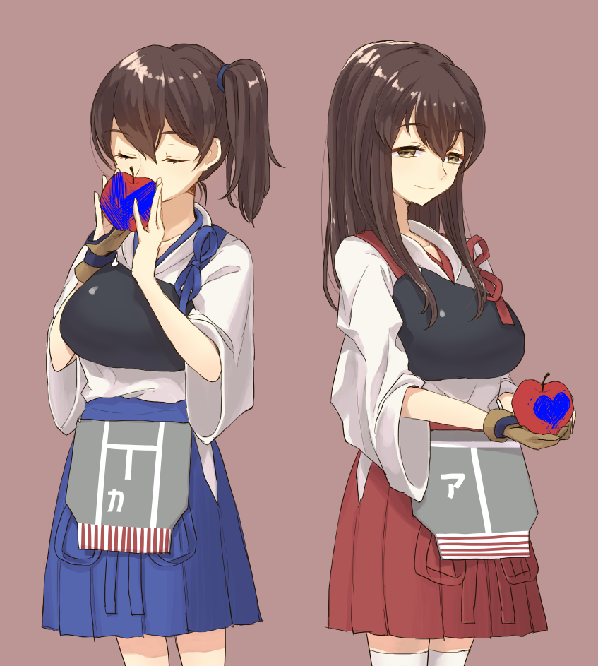 2girls akagi_(kantai_collection) apple blush breasts brown_eyes brown_hair closed_eyes collarbone covered_mouth cowboy_shot food fruit hakama_skirt heart holding japanese_clothes kaga_(kantai_collection) kantai_collection large_breasts long_hair maroon_background multiple_girls muneate paint short_hair side_ponytail simple_background smelling smile standing tasuki thigh-highs white_legwear woyatsu_(874) yugake zettai_ryouiki