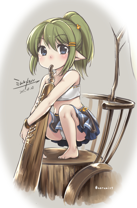 1girl 2015 bare_legs bare_shoulders blue_eyes blue_skirt blush dated granblue_fantasy green_hair hair_ornament hairclip instrument long_hair mimlememel narumi_(siesta) panties pantyshot pantyshot_(squatting) pigeon-toed pointy_ears ponytail skirt solo squatting strapless tubetop underwear wheelchair