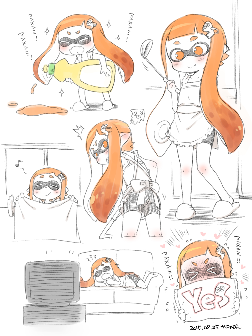 &gt;_&lt; 1girl apron bike_shorts blush closed_eyes dated dishwashing_soap domino_mask fangs hair_ornament hairclip inkling kanya_pyi ladle lying mask musical_note on_side orange_eyes orange_hair partially_colored pointy_ears sidelocks simple_background slippers smile splatoon television tentacle_hair vacuum_cleaner white_background window yes-no_pillow