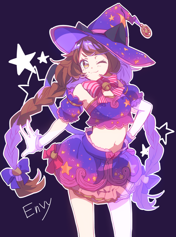 1girl animal_ears bell bow bracelet braid brown_eyes brown_hair cat_ears cat_tail character_name crop_top envy_(otoca_doll) hand_on_hip hat jewelry jingle_bell long_hair midriff multicolored_hair navel one_eye_closed otoca_doll pink_bow purple_background purple_hair purple_skirt skirt smile solo star striped striped_bow tail twin_braids two-tone_hair witch_hat yamabukiiro