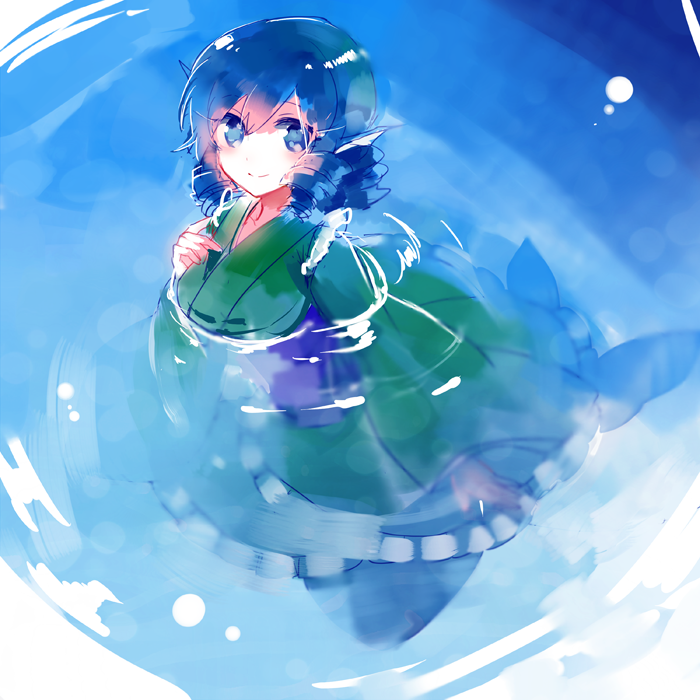 1girl blue_eyes blue_hair drill_hair head_fins japanese_clothes kimono long_sleeves looking_at_viewer mermaid monster_girl nr_(cmnrr) obi sash short_hair smile solo submerged touhou wakasagihime water wide_sleeves