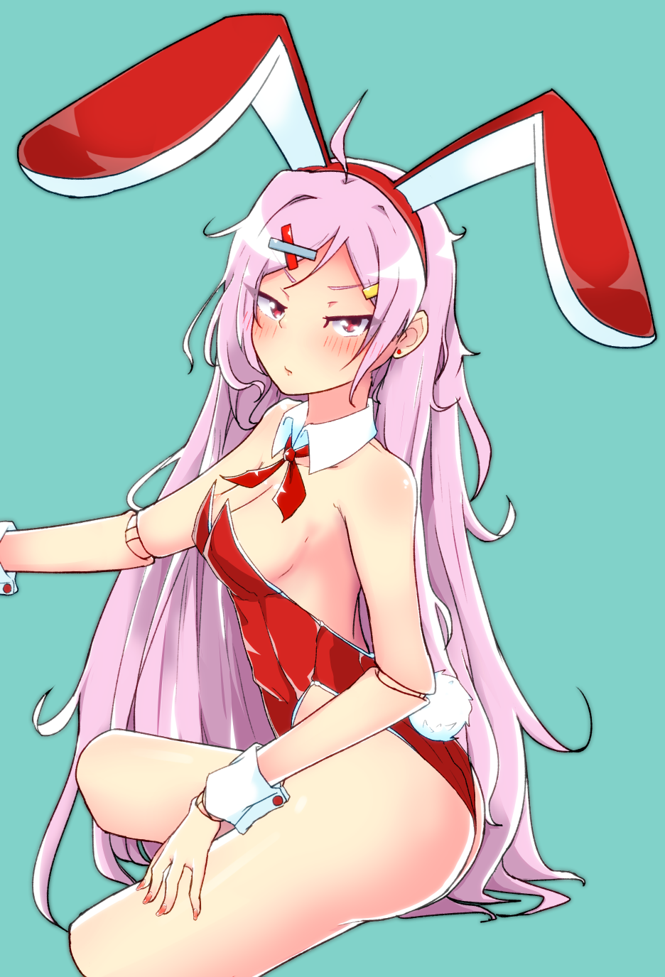 1girl animal_ears ascot ass bunny_tail bunnysuit detached_collar doll_joints faon_ouji frown grin highres long_hair original pink_hair rabbit_ears red_eyes smile tail very_long_hair wrist_cuffs