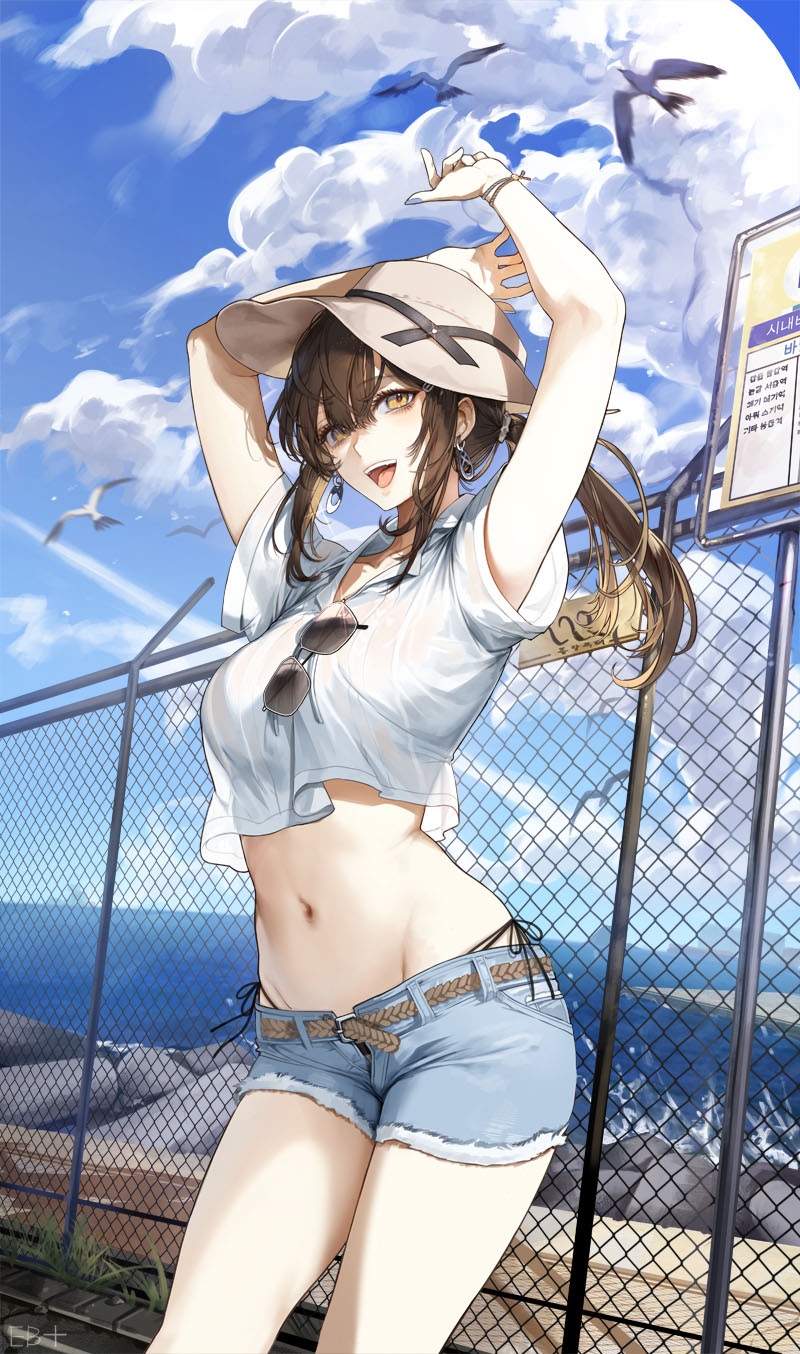1girl :d arms_up bare_arms belt blue_shorts breasts brown_hair clouds collared_shirt commentary crop_top crop_top_overhang cutoffs day denim denim_shorts duplicate earrings eyewear_hang eyewear_removed hat highres jewelry kim_eb long_hair looking_at_viewer midriff nail_polish navel open_fly orange_eyes original outdoors panties pixel-perfect_duplicate ponytail shirt short_shorts short_sleeves shorts side-tie_peek sidelocks small_breasts smile solo standing stomach string_panties sun_hat sunglasses thighs underwear white_shirt