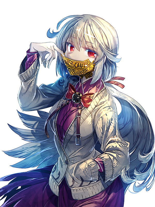 1girl bowtie cardigan caution_tape covering_mouth dress hand_in_pocket kishin_sagume long_sleeves looking_at_viewer red_eyes short_hair silver_hair simple_background single_wing solo touhou vest white_background wings zounose