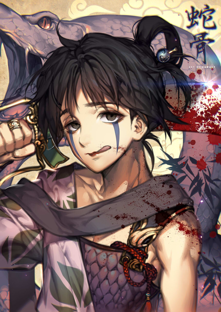 1boy :q armor artist_name black_hair blood blood_splatter empty_eyes facial_mark hair_ornament hair_up hairpin highres inuyasha jakotsu_(inuyasha) jewelry kawacy ring rope scarf snake solo sword tongue tongue_out upper_body weapon