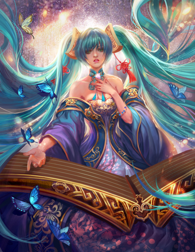 1girl aqua_hair bare_shoulders breasts butterfly choker detached_sleeves dress green_eyes hair_ornament instrument league_of_legends lips lipstick long_hair looking_at_viewer makeup nose outstretched_arm solo sona_buvelle strapless_dress twintails very_long_hair wide_sleeves yang_fan