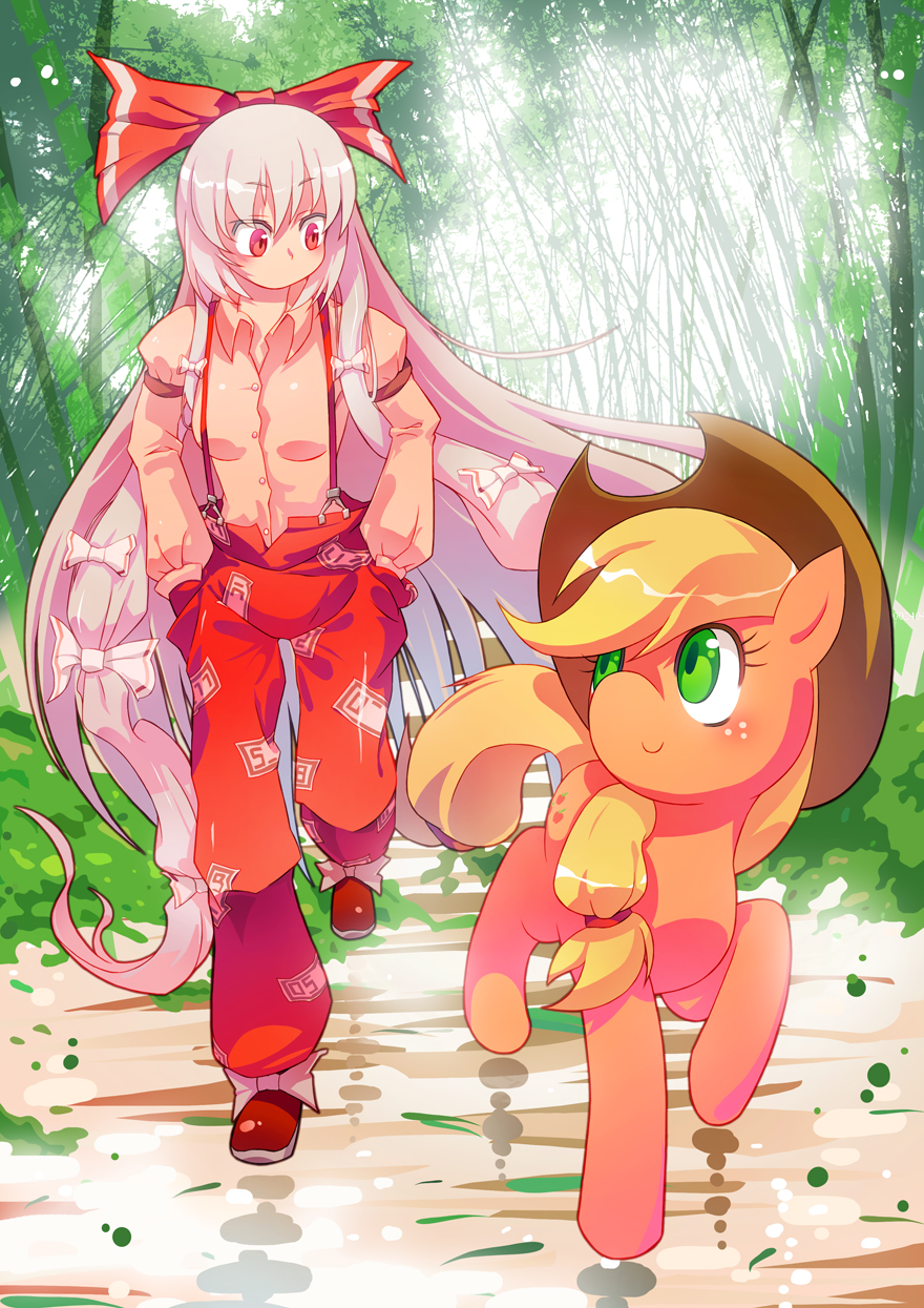 1girl applejack bangs blonde_hair blush bow collared_shirt cowboy_hat crossover forest freckles fujiwara_no_mokou green_eyes hair_bow hands_in_pockets hat highres large_bow long_hair my_little_pony my_little_pony_friendship_is_magic nature pants red_eyes shirt sidelocks silver_hair smile sunlight touhou very_long_hair xin_yu_hua_yin