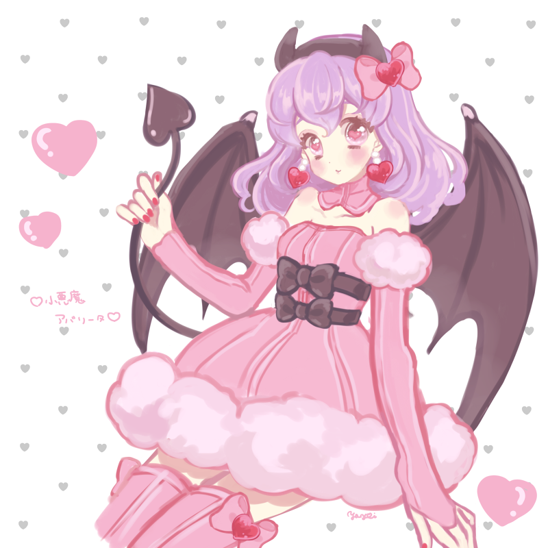 1girl arm_warmers avarita_(otoca_doll) bare_shoulders bat_wings blush bow bridal_gauntlets character_name demon_tail detached_collar earrings hairband heart heart_earrings horn_bow horns jewelry otoca_doll pink_bow pink_eyes pink_legwear pink_skirt purple_hair short_hair skirt smile solo tail thigh-highs wings yayoi_(french)